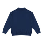 Back view of an Anointed Garments navy blue cotton collared long sleeve pullover sweatshirt with ribbed hem and cuffs.