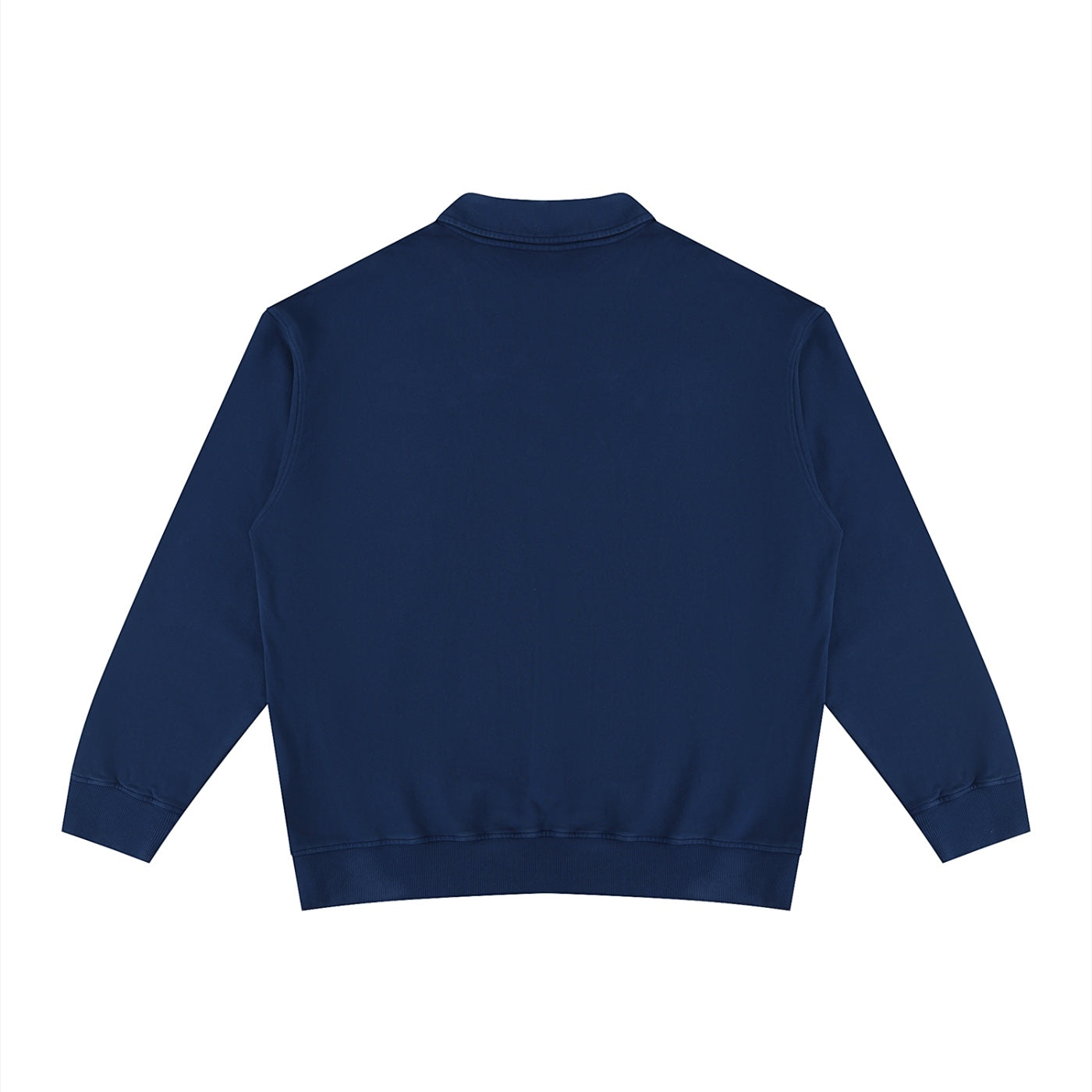 Back view of an Anointed Garments navy blue cotton collared long sleeve pullover sweatshirt with ribbed hem and cuffs.