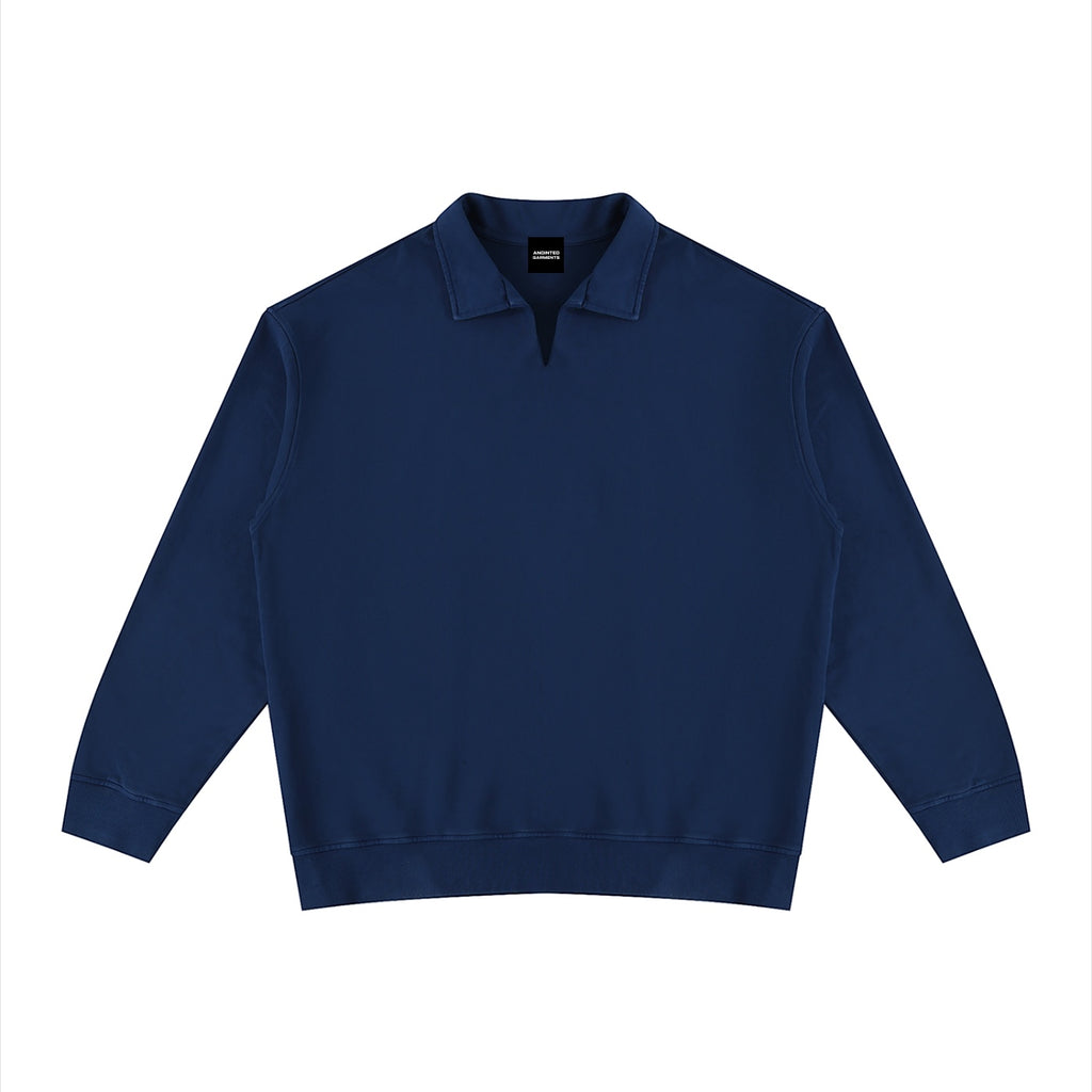 Anointed Garments unisex navy blue vintage wash cotton sweatshirt with a collared neckline and drop shoulder design.