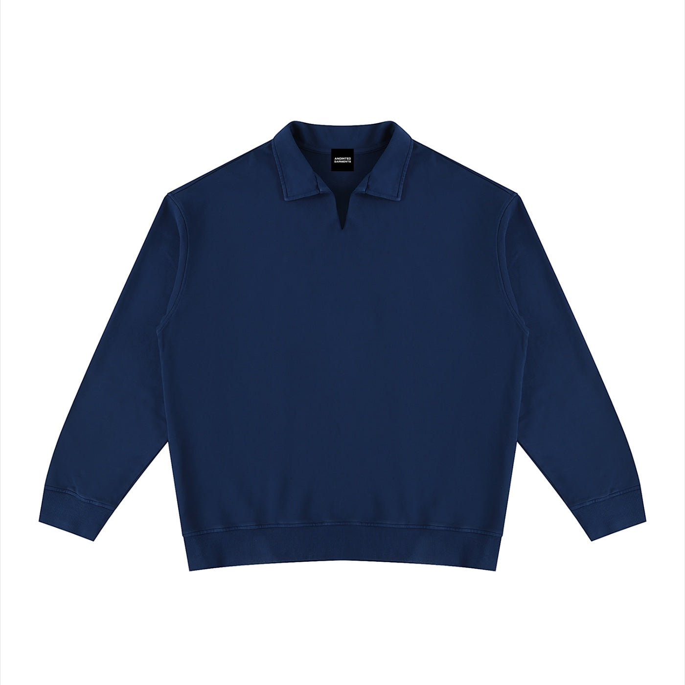 Anointed Garments unisex navy blue vintage wash cotton sweatshirt with a collared neckline and drop shoulder design.