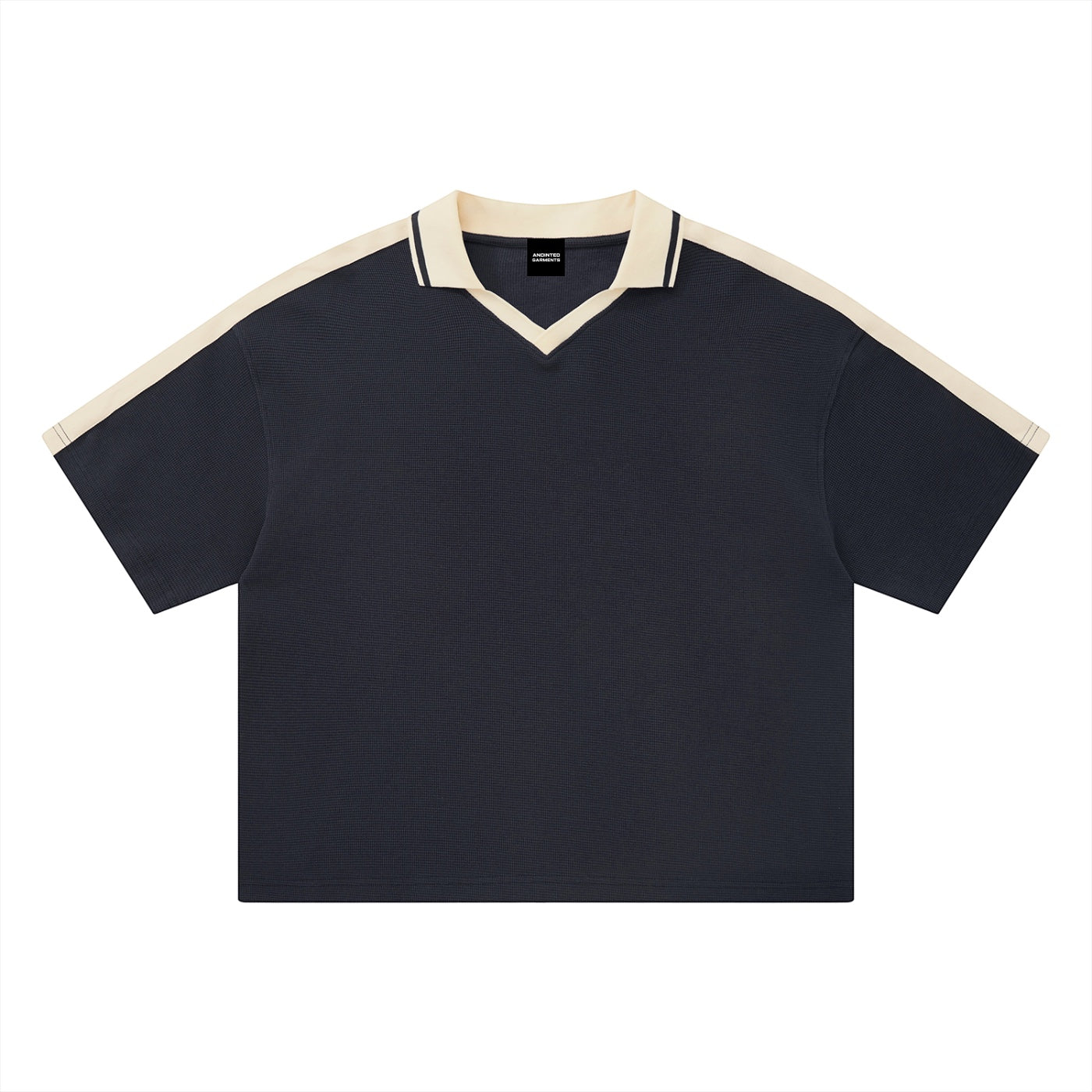 Anointed Garments unisex short-sleeve polo shirt in dark navy with cream collar and shoulder stripe detail.
