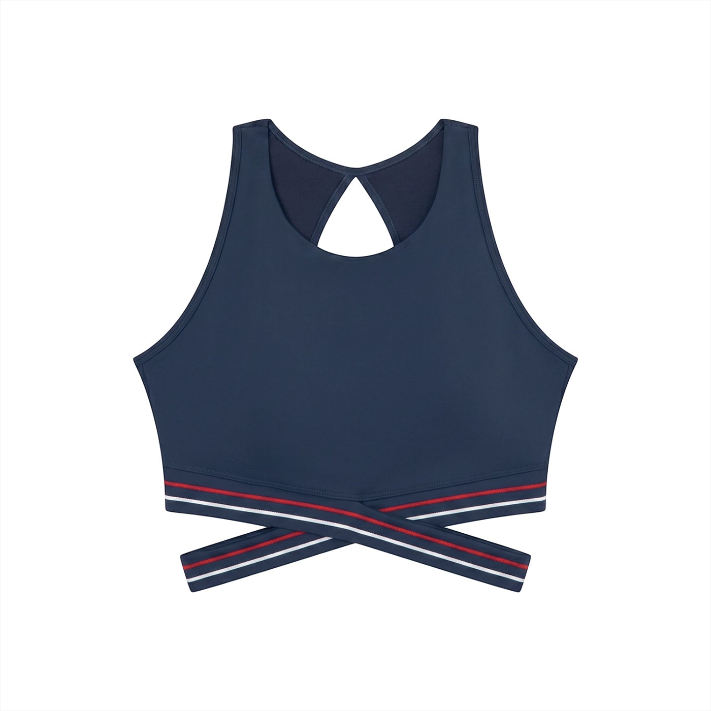 Anointed Garments navy blue sports bra with a round neck, backless design, and criss-cross striped hem for yoga or gym.