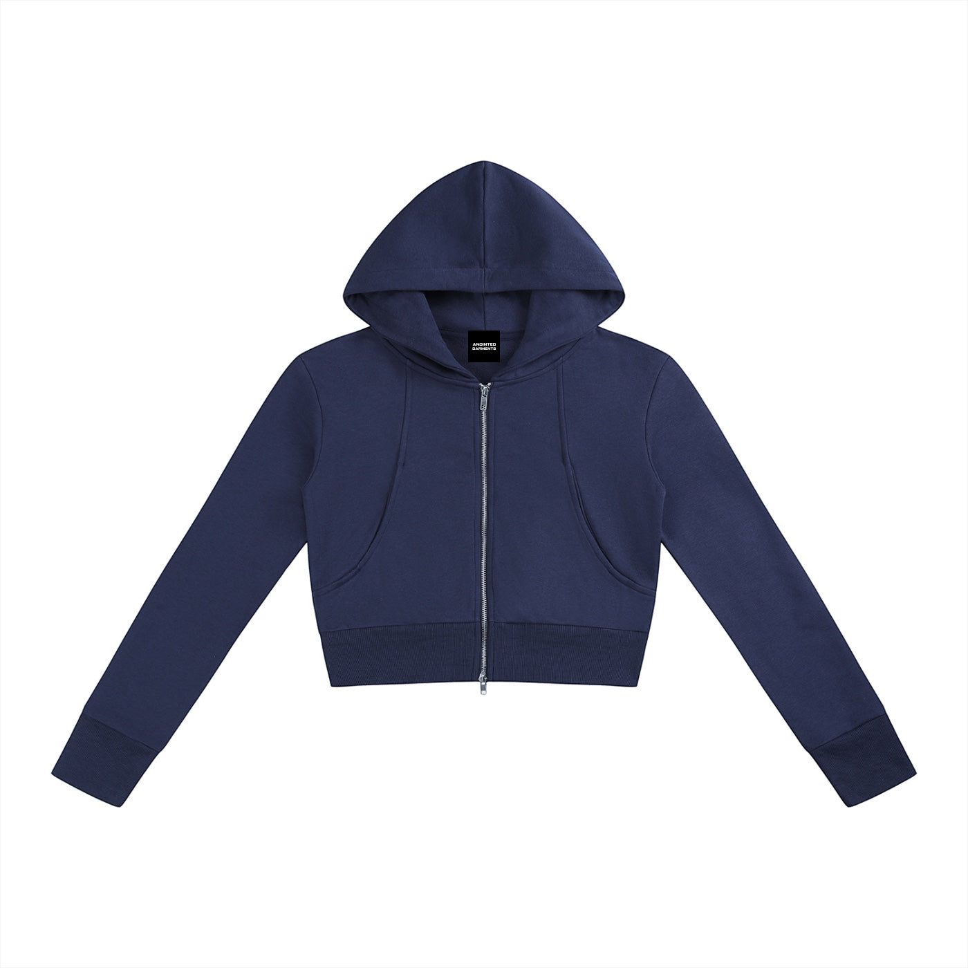 Anointed Garments navy blue cropped full zip hoodie in a soft cotton blend with a structured hood and ribbed cuffs.