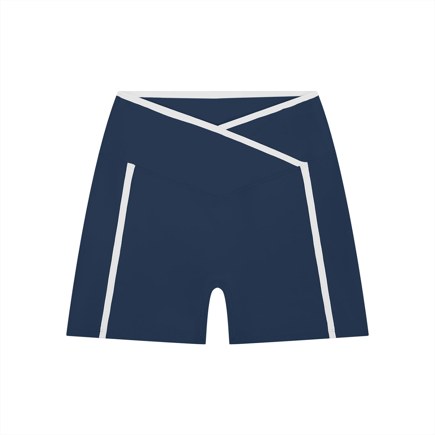 Anointed Garments navy blue athletic shorts with a high-rise crossover waistband and white side piping detail.
