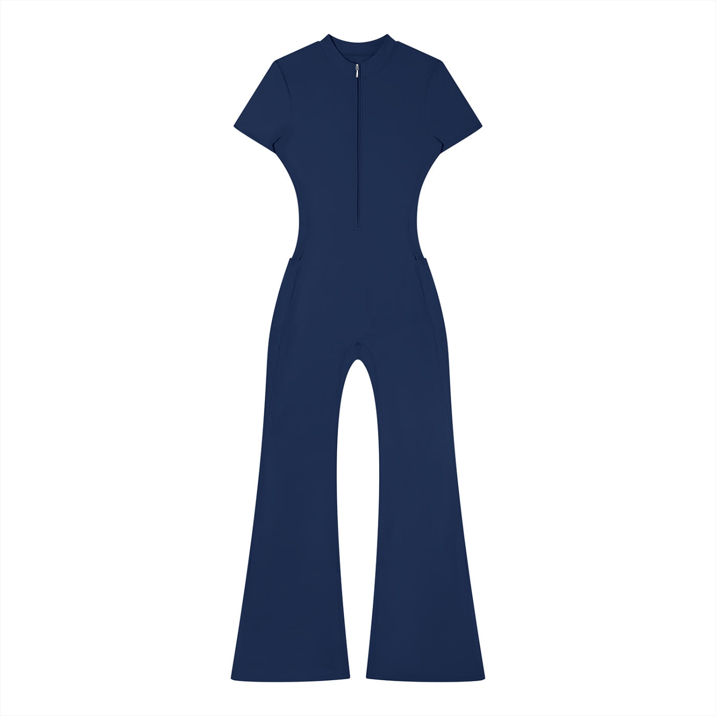Anointed Garments navy blue short sleeve jumpsuit with a mock neck, front zipper, and flared legs in stretch fabric.