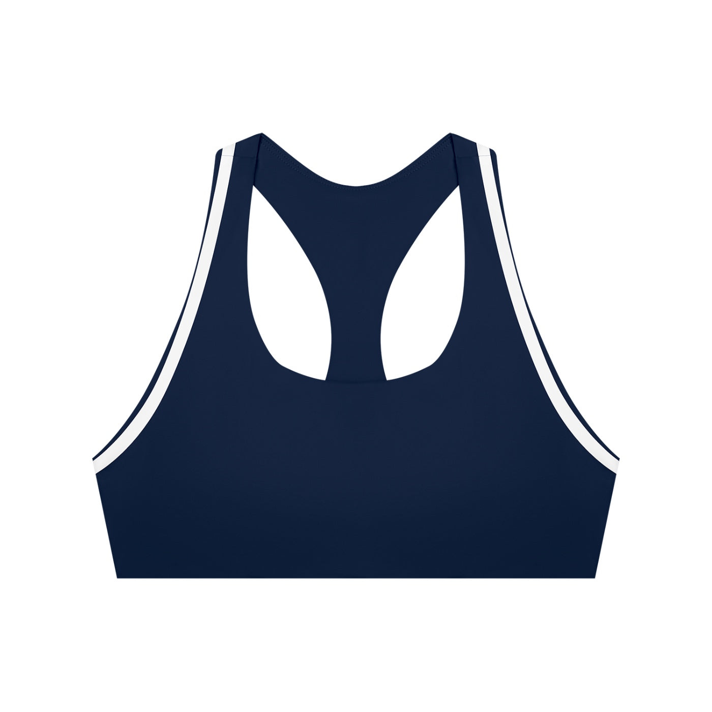 Anointed Garments navy blue halter yoga sports bra with white trim, featuring a sporty racerback crop design.