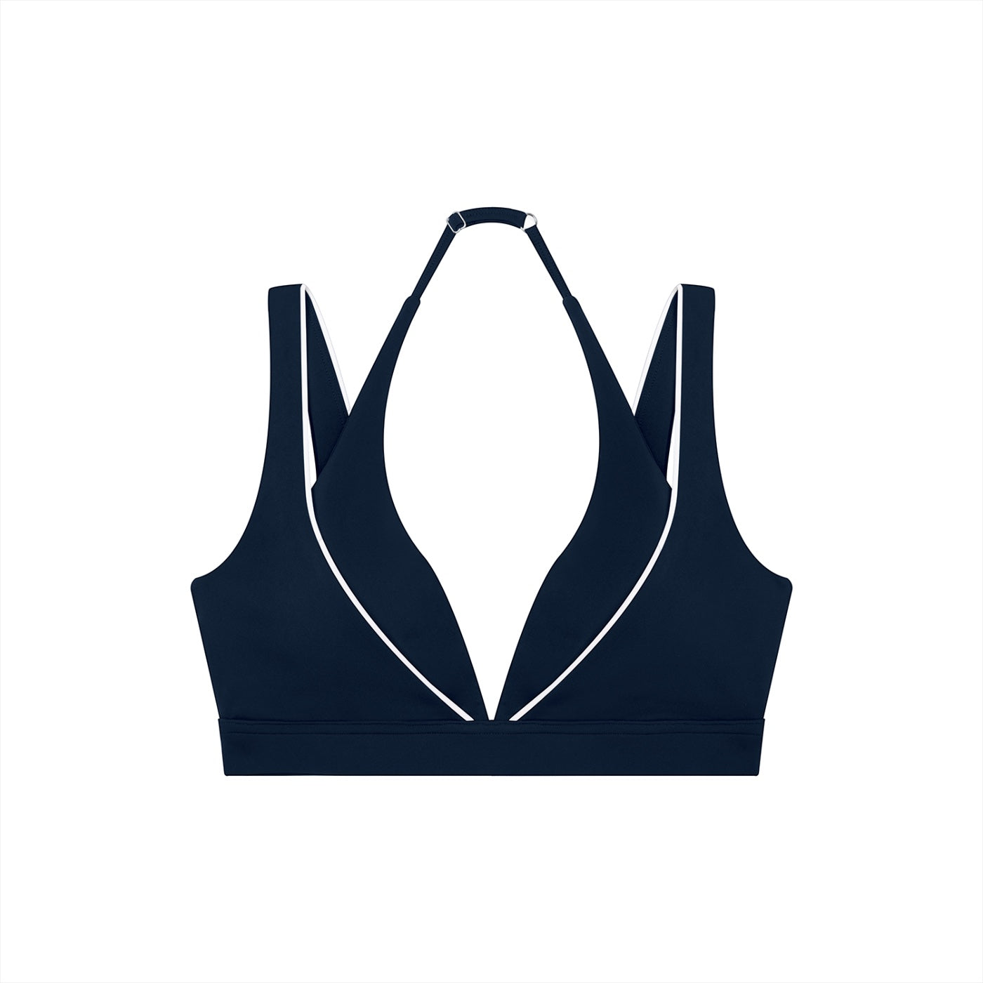 Anointed Garments navy blue halter neck yoga sports bra with white trim and adjustable straps for gym and running.