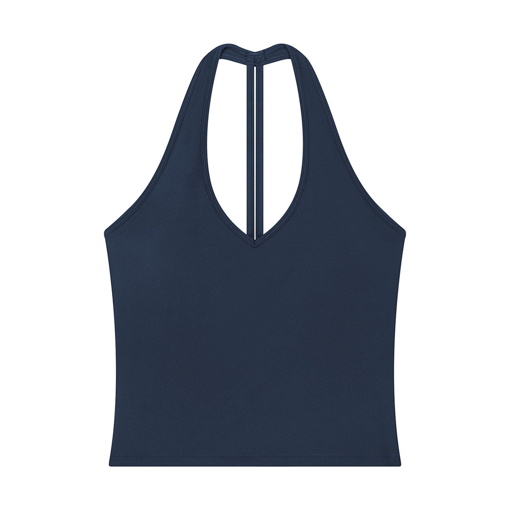 Anointed Garments navy blue halter V-neck yoga tank top in a sleeveless bodycon crop style made from nylon spandex.
