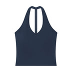 Anointed Garments navy blue halter V-neck yoga tank top in a sleeveless bodycon crop style made from nylon spandex.