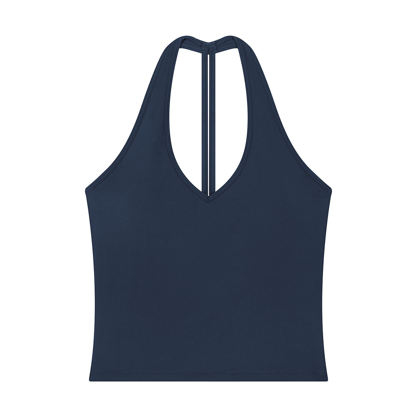 Anointed Garments navy blue halter V-neck yoga tank top in a sleeveless bodycon crop style made from nylon spandex.