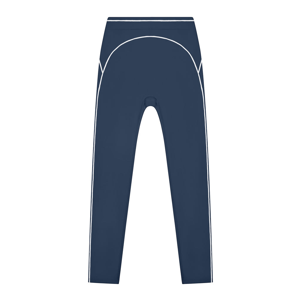 Anointed Garments navy blue high-rise leggings with white topstitching detail for gym and casual wear.