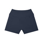 Anointed Garments high-rise yoga shorts in navy blue featuring a crossover waistband and side pockets.