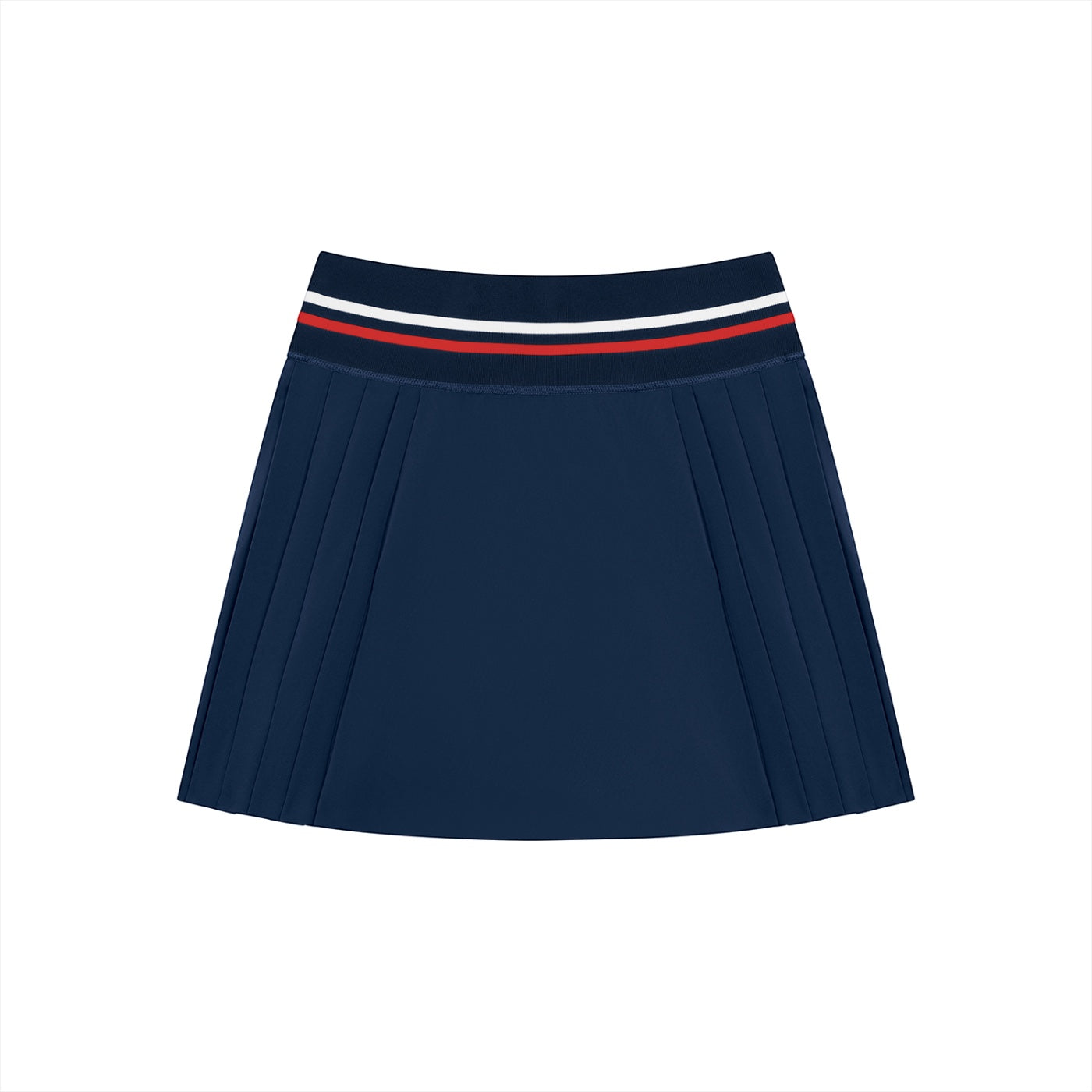 Anointed Garments navy blue pleated mini skirt with a sporty striped waistband for gym, yoga, or casual wear.