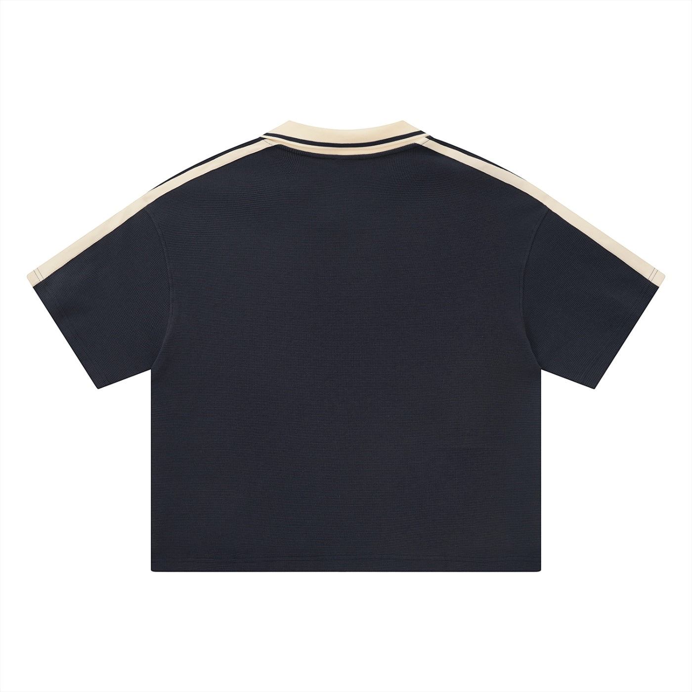 Anointed Garments short sleeve polo shirt in navy blue with cream contrast shoulder stripes and collar trim