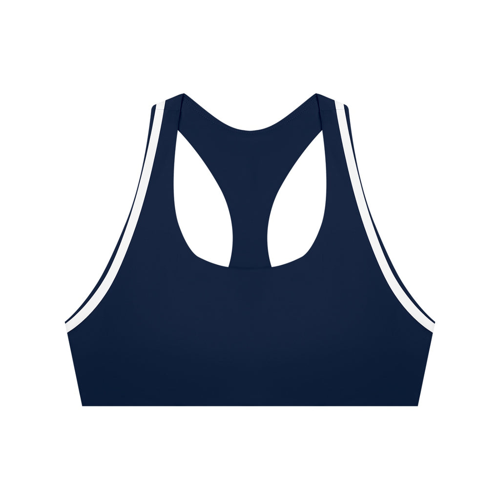 Anointed Garments navy blue racerback sports bra with white contrast piping for medium-impact athletic workouts.