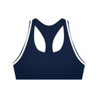 Anointed Garments navy blue racerback sports bra with white contrast piping for medium-impact athletic workouts.