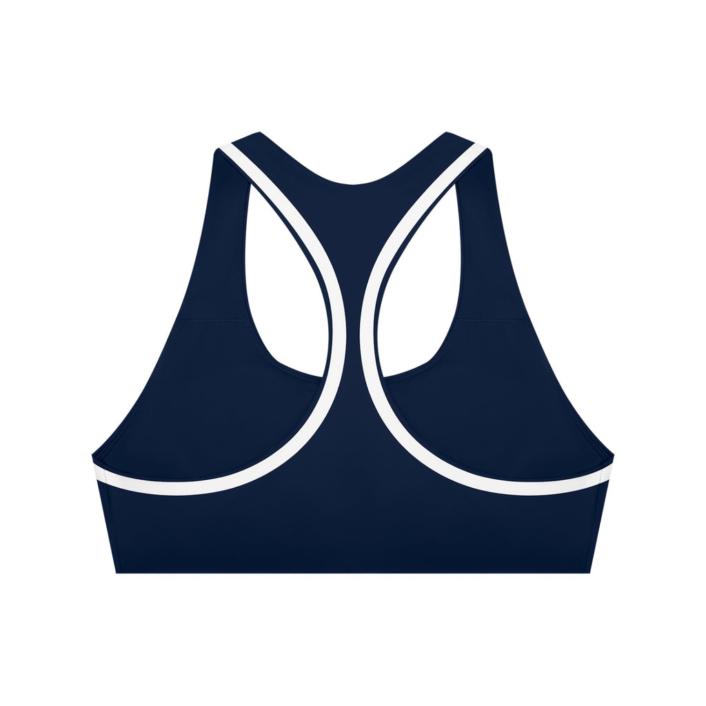 Anointed Garments navy blue racerback sports bra with white contrast piping for medium-impact athletic workouts.