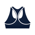 Anointed Garments navy blue racerback sports bra with white contrast piping for medium-impact athletic workouts.