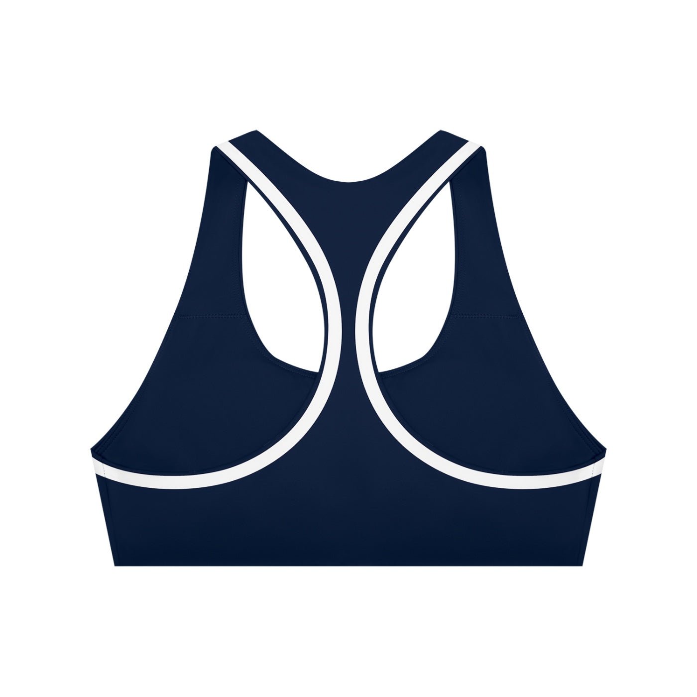 Anointed Garments navy blue racerback sports bra with white contrast piping for medium-impact athletic workouts.