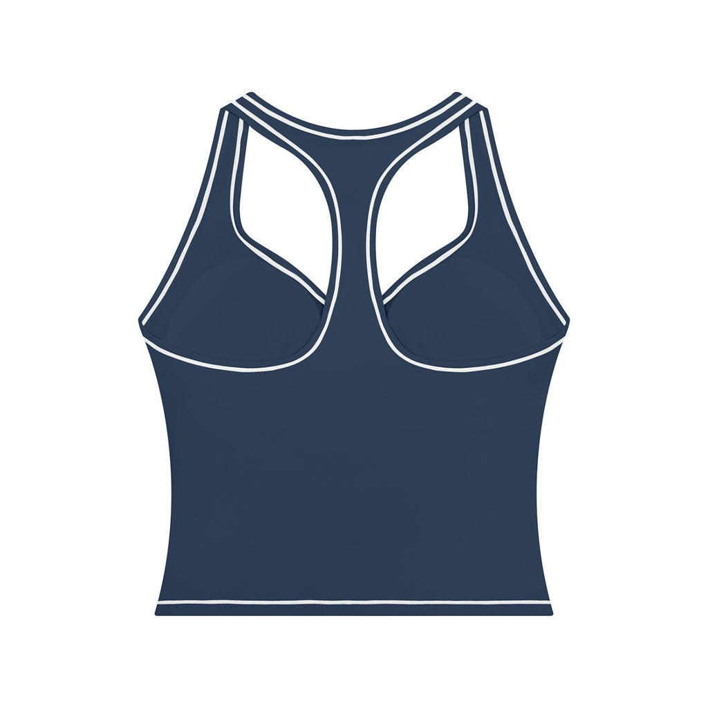 Anointed Garments navy blue racerback performance tank top with white contrast piping and built-in support.