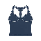 Anointed Garments navy blue racerback performance tank top with white contrast piping and built-in support.