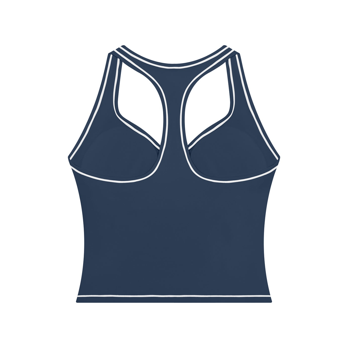 Anointed Garments navy blue racerback performance tank top with white contrast piping and built-in support.