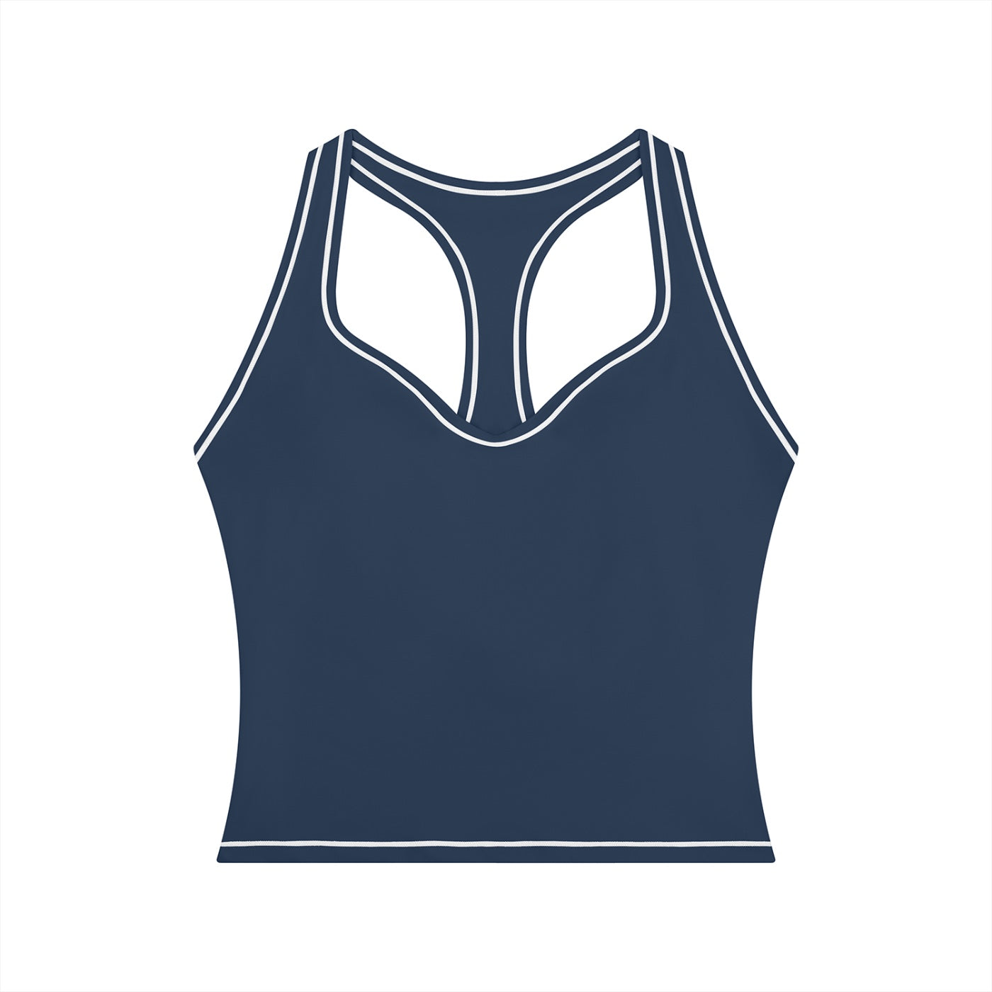 Anointed Garments navy blue racerback performance tank top with white contrast piping for gym and yoga workouts.