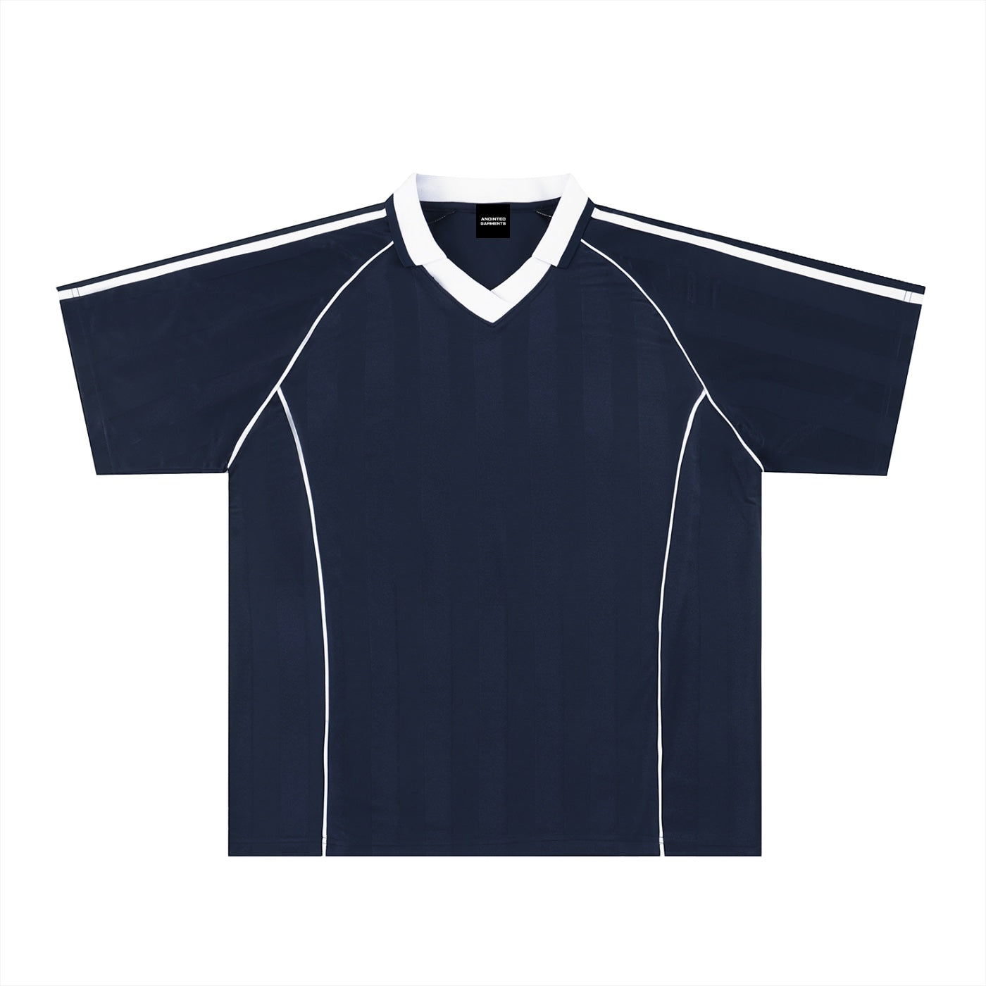 Anointed Garments navy blue polyester soccer jersey with white collar, V-neck, and raglan sleeve stripe detailing.