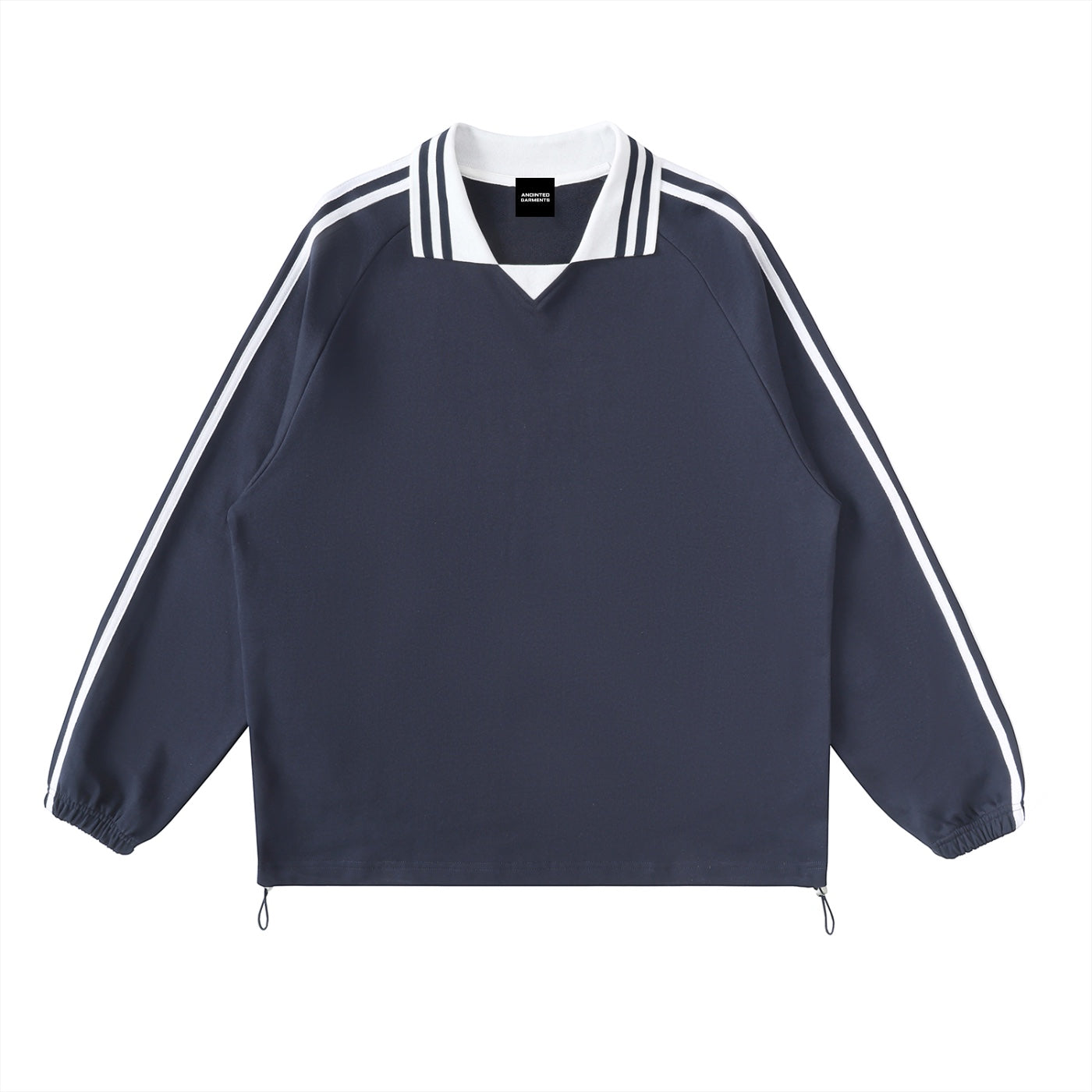 Anointed Garments navy blue pullover sweatshirt with a white striped polo collar and athletic side-stripe sleeves.