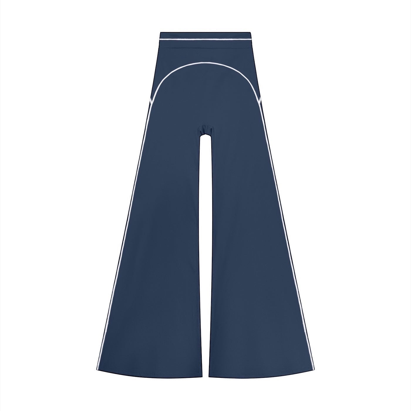 Anointed Garments high-waisted wide-leg trousers in navy blue with elegant white contrast piping detail.