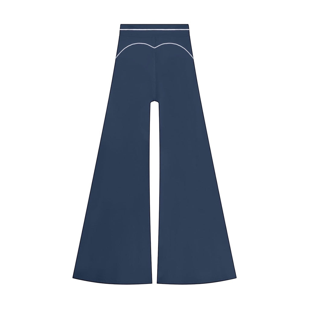 Anointed Garments high-waisted navy blue wide-leg trousers featuring elegant white contrast piping detail.