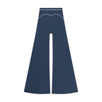Anointed Garments high-waisted navy blue wide-leg trousers featuring elegant white contrast piping detail.