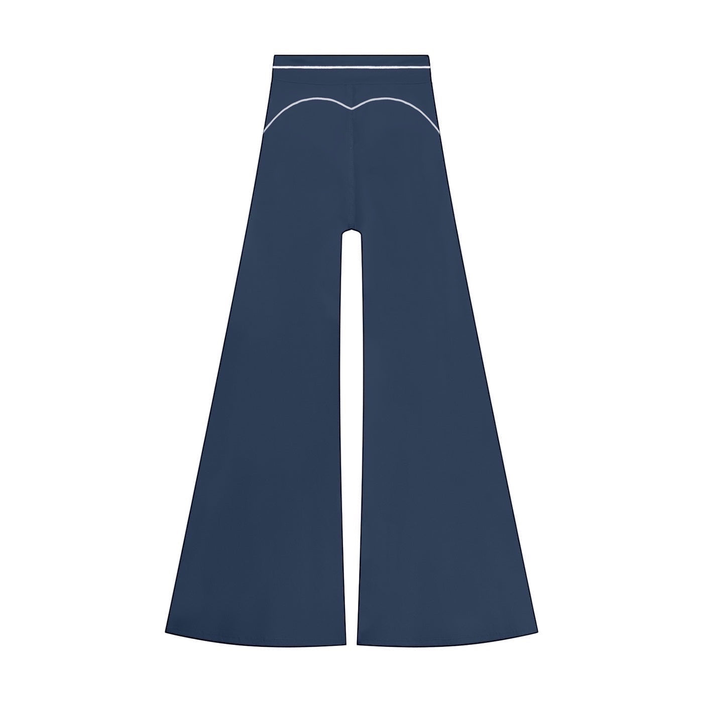 Anointed Garments high-waisted navy blue wide-leg trousers featuring elegant white contrast piping detail.