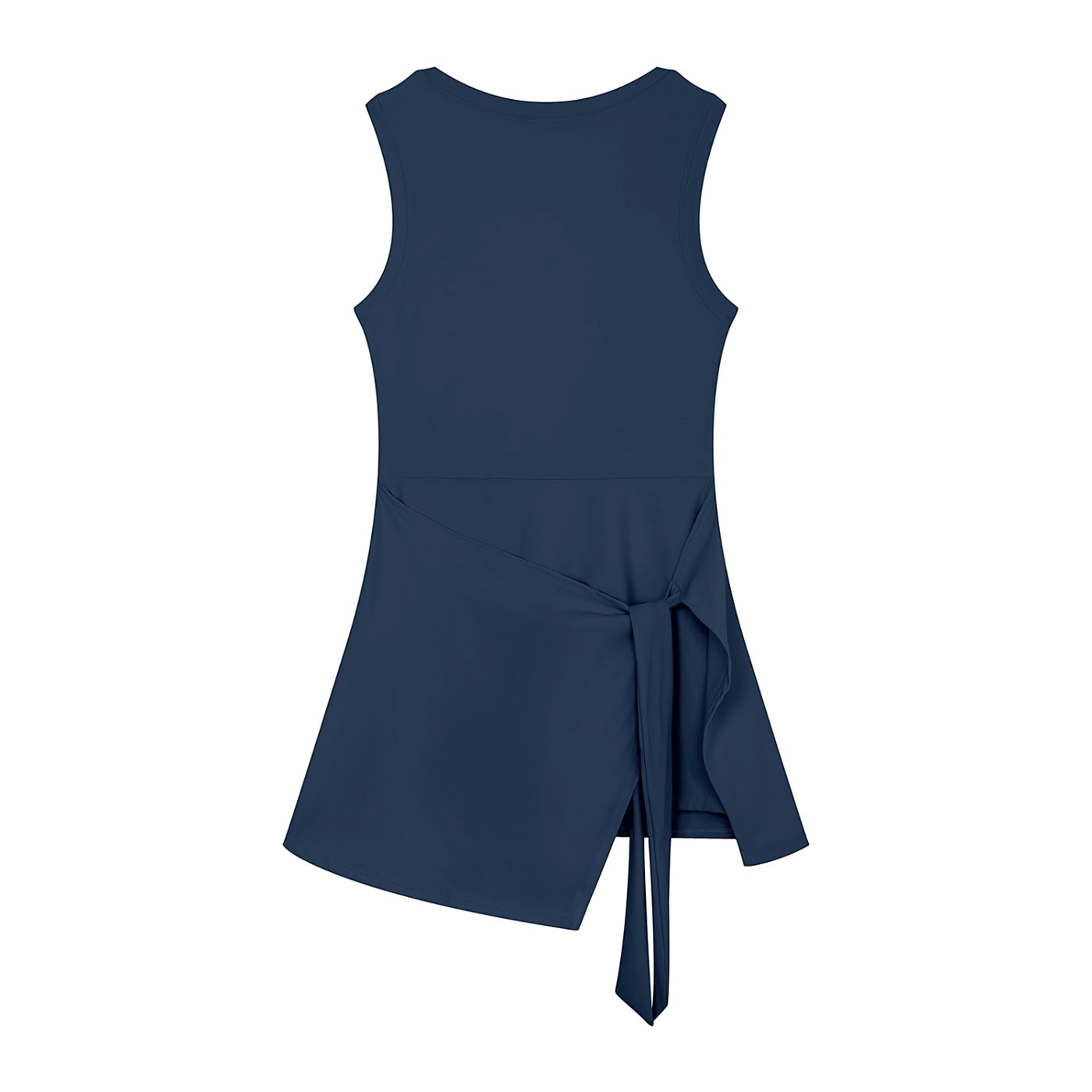 Anointed Garments navy blue sleeveless wrap-style tank top with a side-tie waist and scoop neckline.