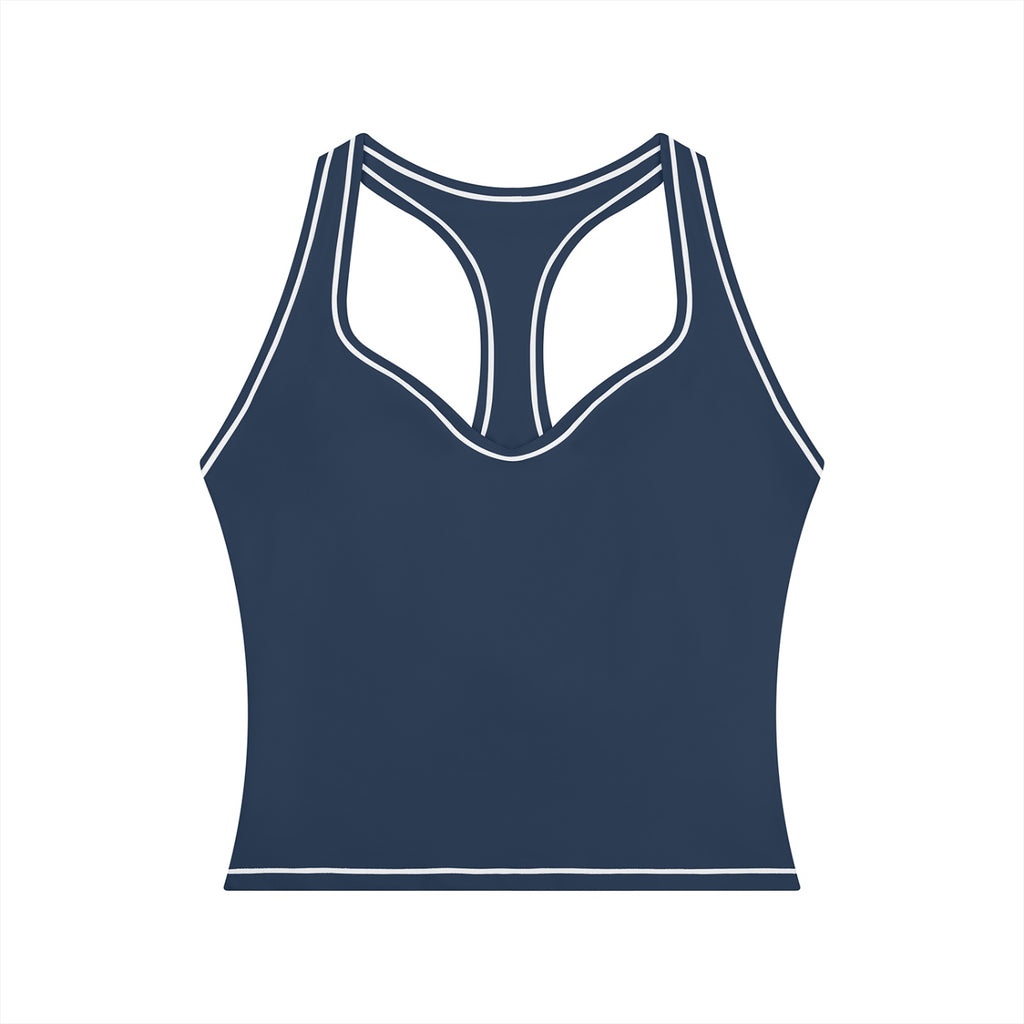 Anointed Garments navy blue yoga tank top with white topstitching, U-neck, and racerback design in polyamide blend.