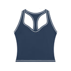 Anointed Garments navy blue yoga tank top with white topstitching, U-neck, and racerback design in polyamide blend.