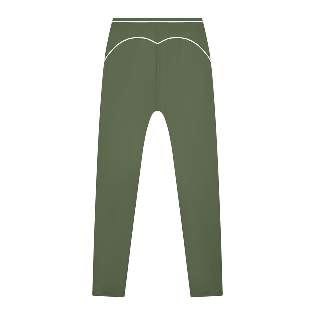 Anointed Garments olive green high-waisted athletic leggings with white contrast piping detail on the back