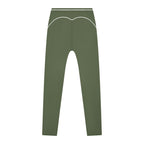 Anointed Garments olive green high-waisted athletic leggings with white contrast piping detail on the back