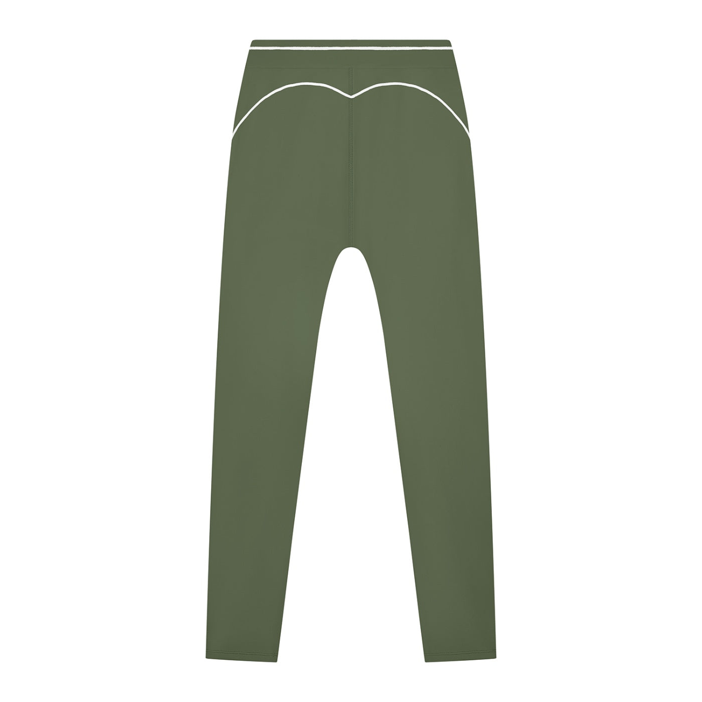 Anointed Garments olive green high-waisted athletic leggings with white contrast piping detail on the back