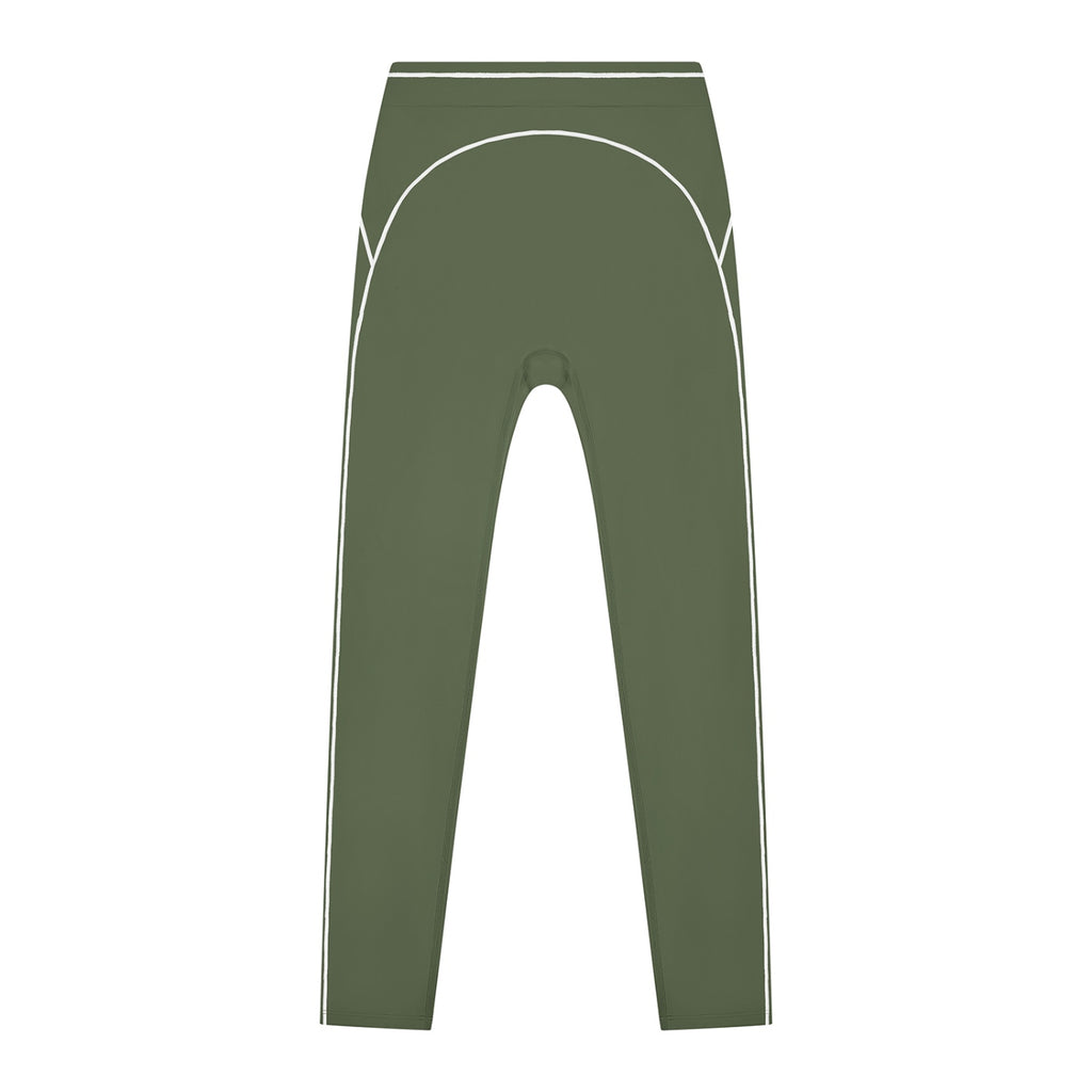 Anointed Garments olive green high-waisted athletic leggings with white contrast piping for gym and yoga workouts.