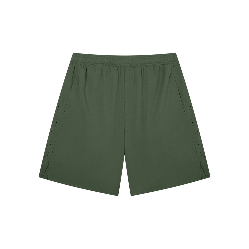 Anointed Garments olive green lightweight athletic nylon shorts with an elastic waistband and side slash pockets.