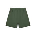 Anointed Garments olive green lightweight athletic nylon shorts with an elastic waistband and side slash pockets.