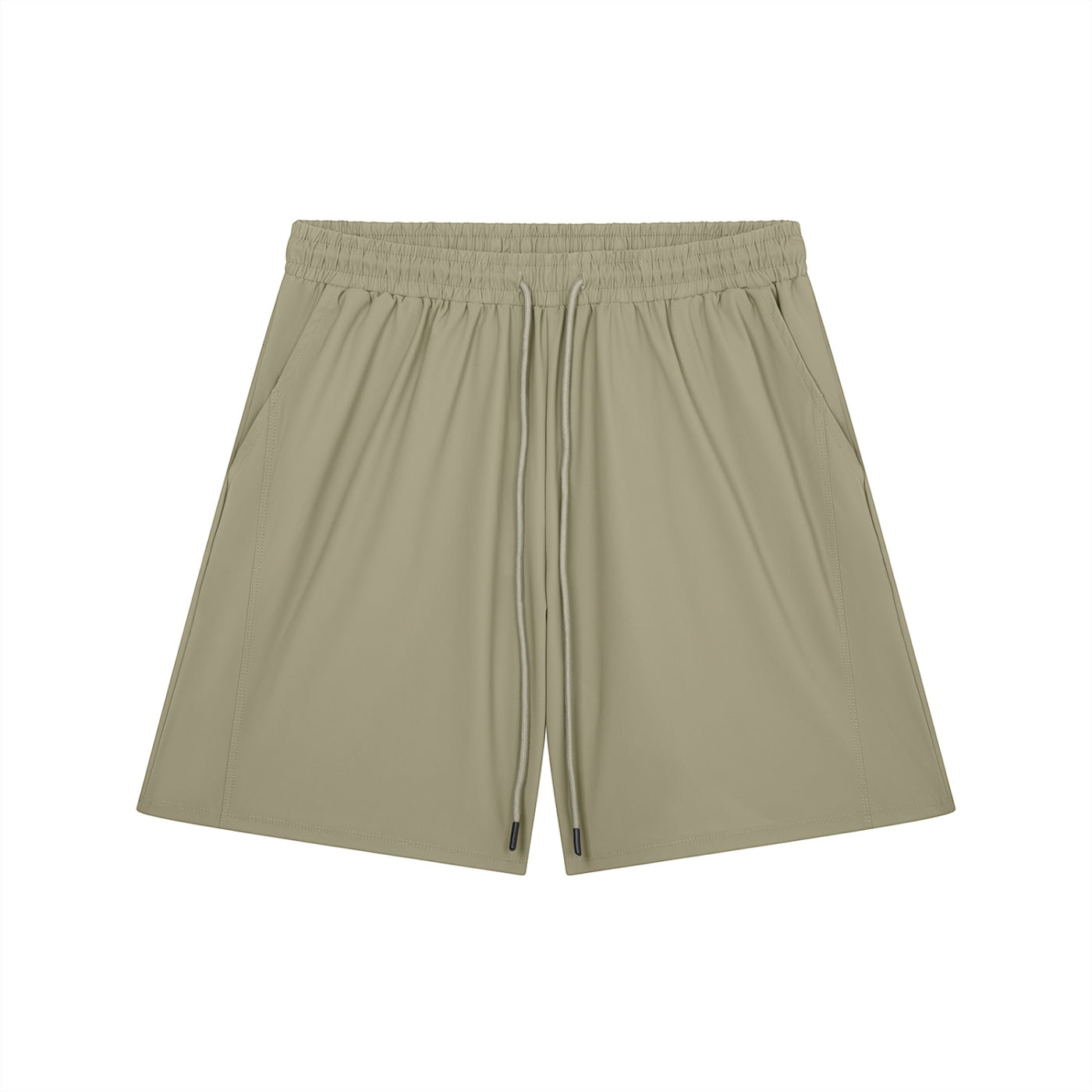 Anointed Garments essential athletic performance shorts in olive green with an elastic drawstring waistband and pockets.