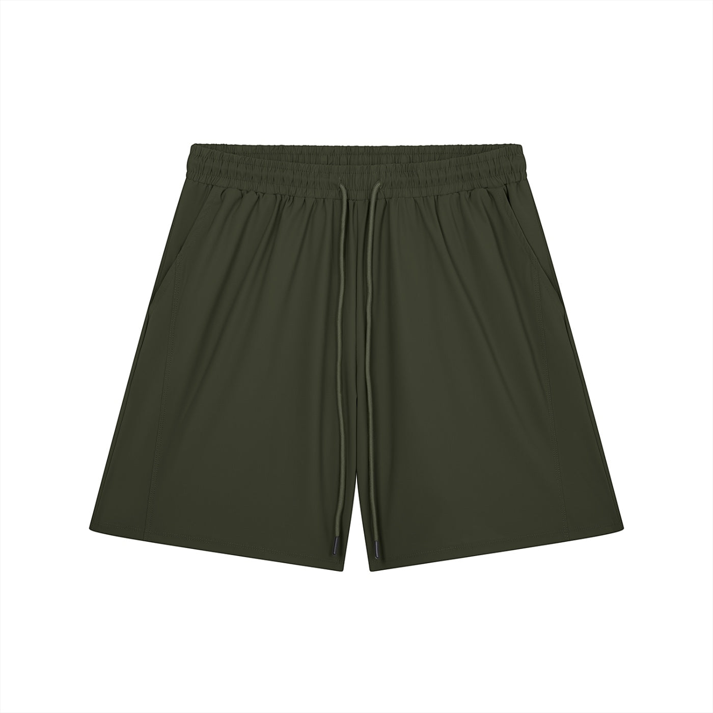 Anointed Garments olive green athletic performance shorts with an elastic drawstring waistband and side pockets.