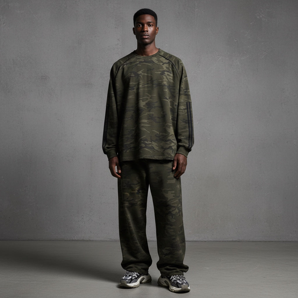 Model wearing Anointed Garments olive camouflage long sleeve crewneck pullover and matching sweatpants in studio.