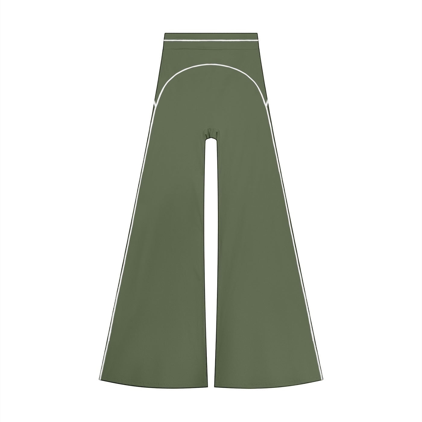 Anointed Garments high rise flared yoga pants in olive green with white piping detail for gym or casual wear.