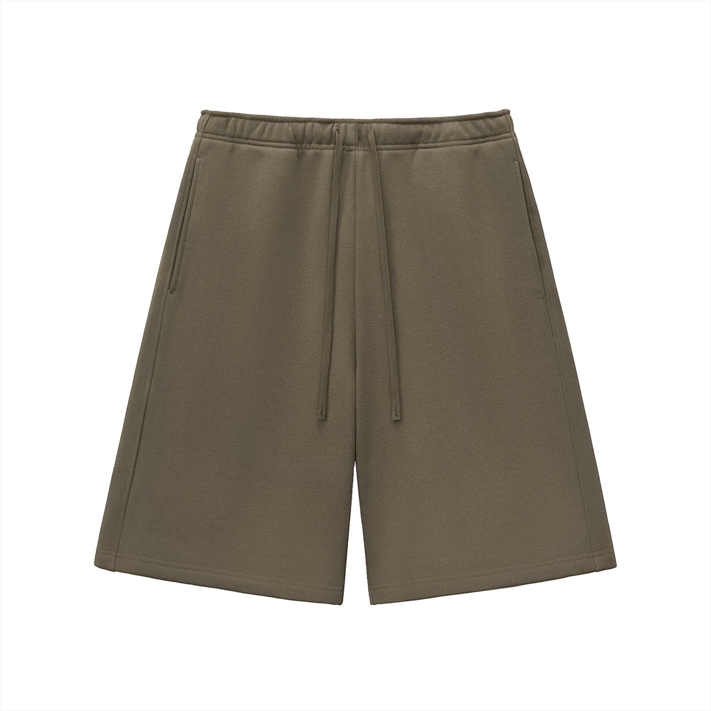 Anointed Garments heavyweight olive green fleece shorts with a drawstring waist and side pockets.