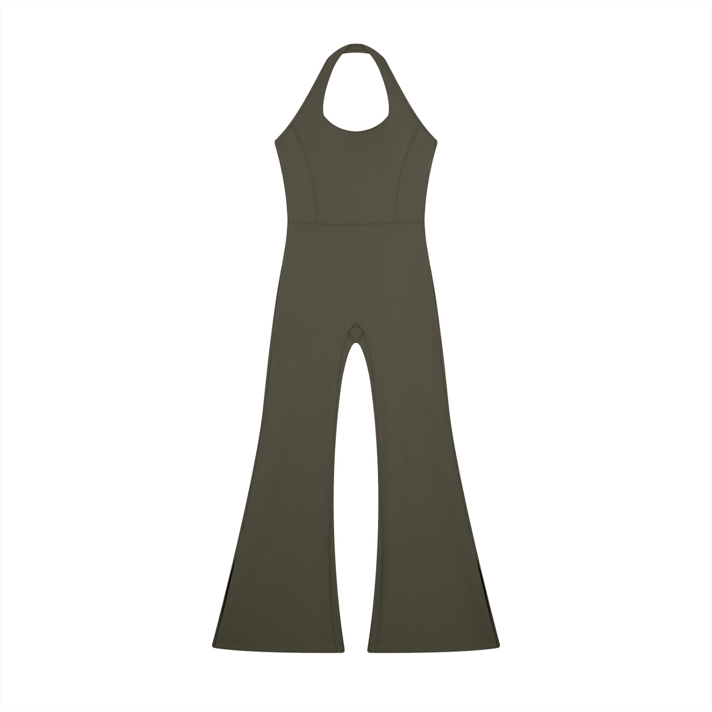 Anointed Garments olive green sleeveless halter neck jumpsuit with a fitted bodice and flared legs.