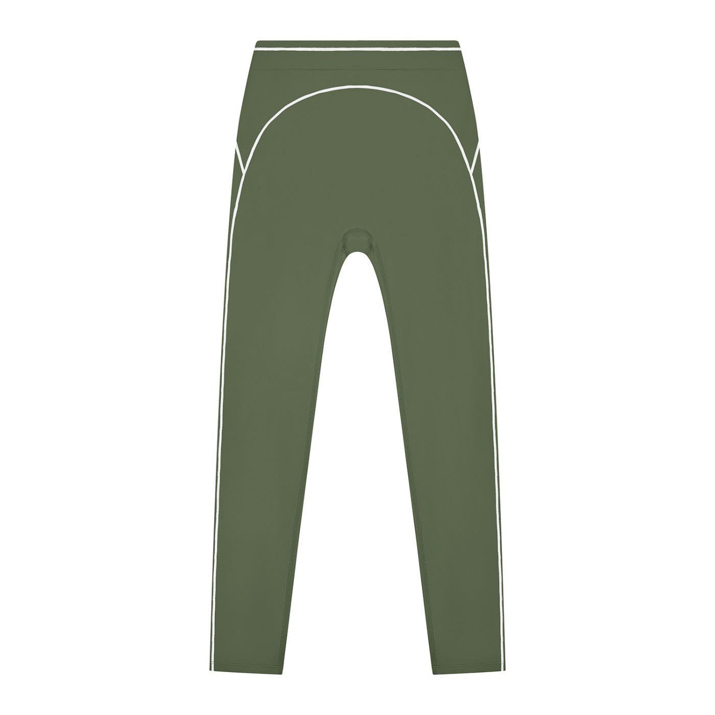 Anointed Garments olive green high-rise leggings with white topstitching details for gym and casual wear.