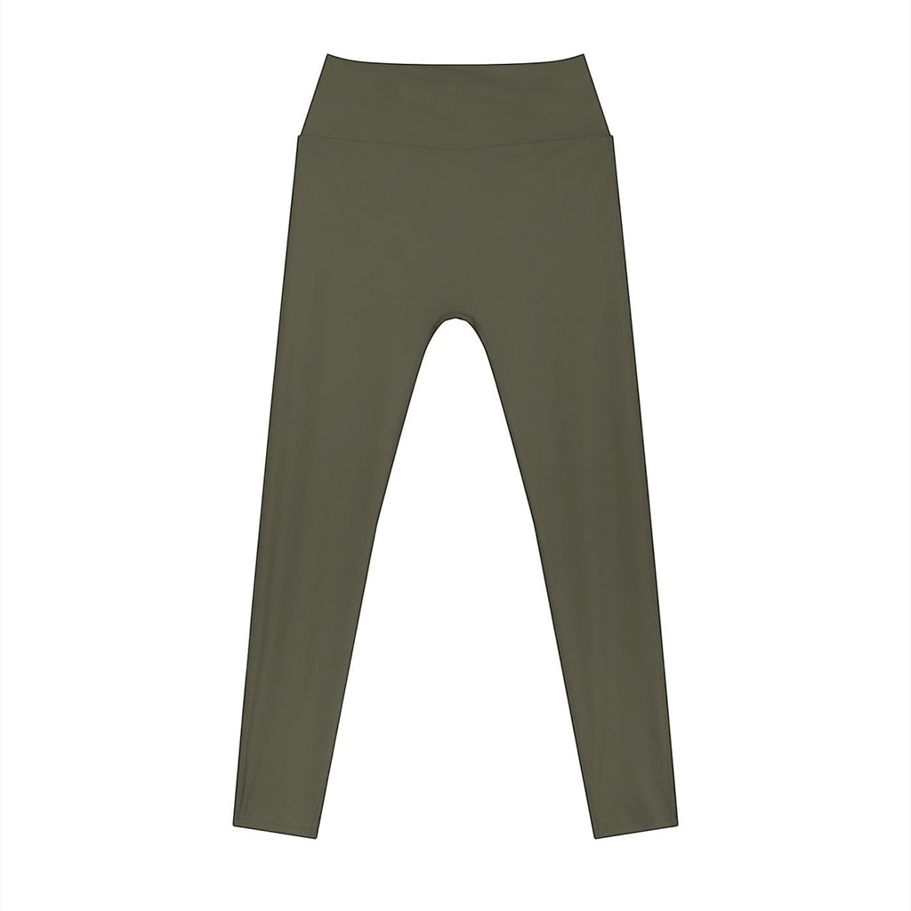 Anointed Garments high rise ankle length leggings in olive green polyester spandex blend for yoga and gym workouts.